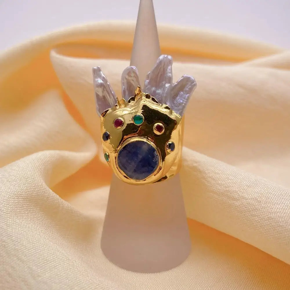 YYGEM White Biwa Pearl 10mm Blue Kyanite Gold Plated Finger Rings Adjustable Ring Designer Jewelry