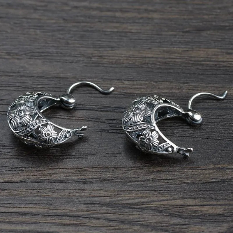 S925 Sterling Silver Stud Earrings New Fashion Simple Ancient Hollow Flower Ear-studs Solid Pure Argentum Ear Jewelry for Women