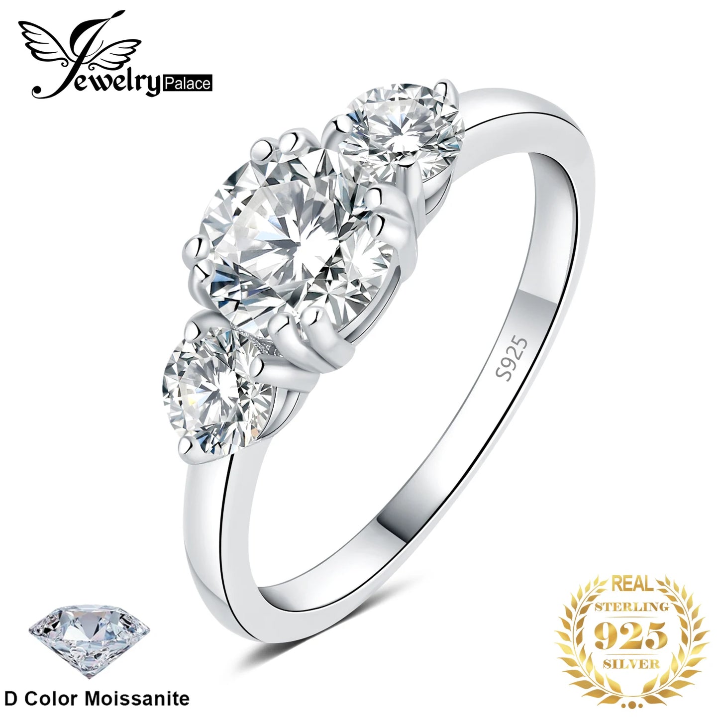 JewelryPalace Moissanite D Color 1.4ct 925 Sterling Silver 3 Stone Wedding Engagement Ring for Woman Yellow Rose Gold Plated