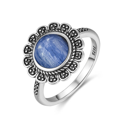 Vintage S925 Sterling Silver Ring Oval Round Natural Kyanite Ring Sun And Flower Shaped Retro Fine Jewelry For Women Men
