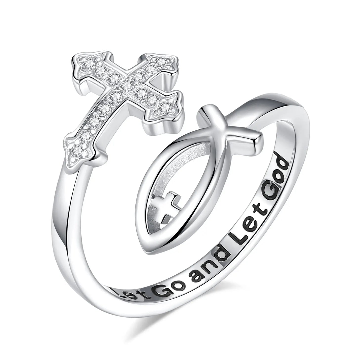 Eudora 925 Sterling Silver Cross Jesus Fish Adjustable Ring for Women Christian Blessed Cross Ichthus Ring Jewelry Gift for Mom