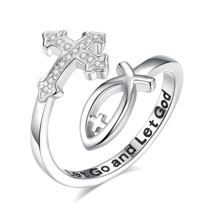 Eudora 925 Sterling Silver Cross Jesus Fish Adjustable Ring for Women Christian Blessed Cross Ichthus Ring Jewelry Gift for Mom
