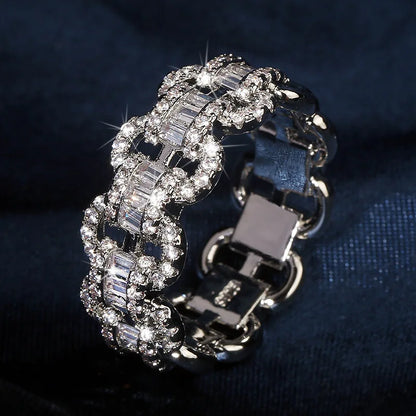 Fashion Luxury Large Row Flashing Zircon Ring Men And Women Hip-Hop Chain Type 925 Stamp Jewelry Wedding Party Birthday Gift