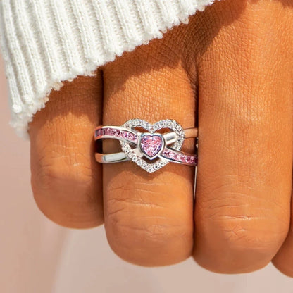 Huitan Romantic Pink Heart Zirconia Finger Ring Female Wedding Band Jewelry Silver Color Delicate Proposal Accessories for Women