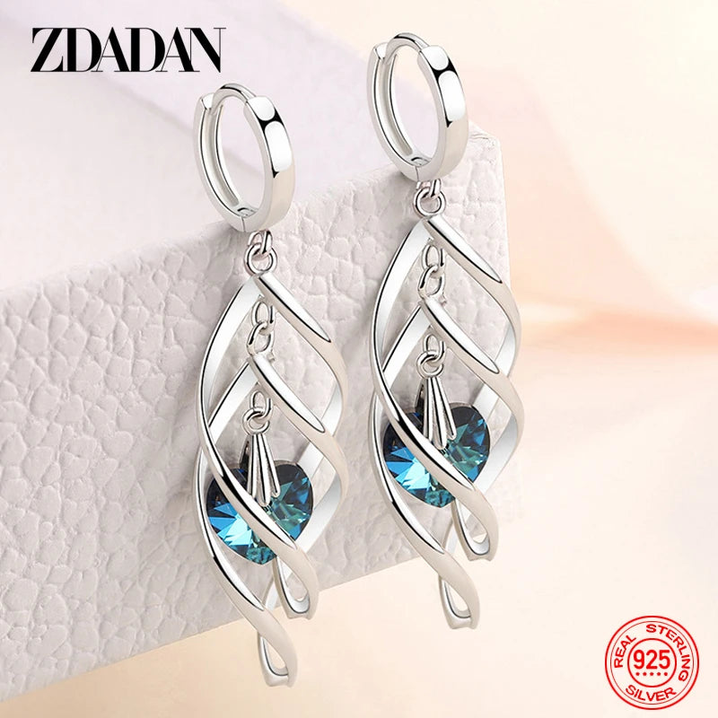 ZDADAN 925 Silver Hollow Blue Crystal Long Drop Earrings For Women Fashion Wedding Jewelry Gift