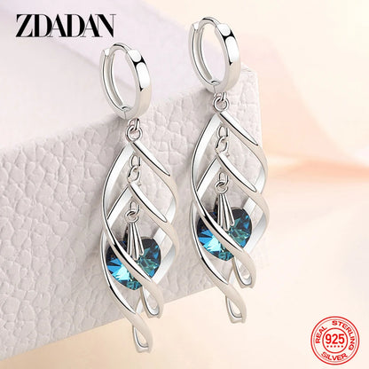 ZDADAN 925 Silver Hollow Blue Crystal Long Drop Earrings For Women Fashion Wedding Jewelry Gift