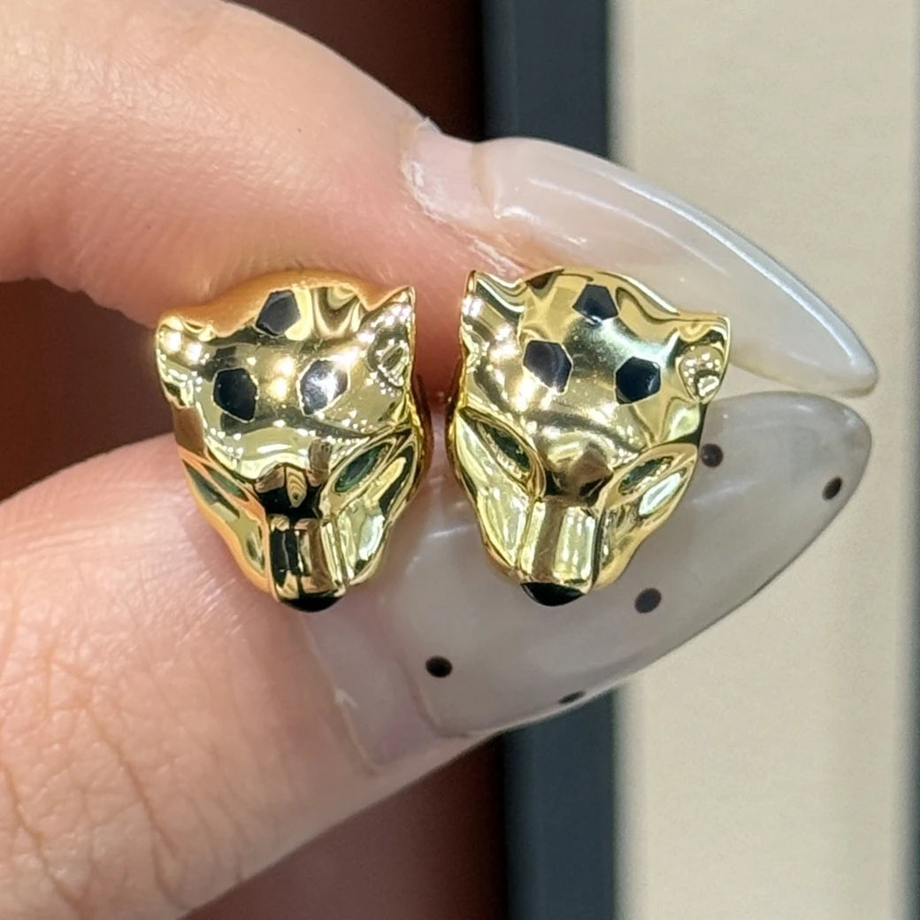 KQDANCE 925 Silver Black Enamel Emerald Green Pear Cut Carbon Diamond Leopard Head Earrings Studs 18K Gold Plate Luxury Jewelry