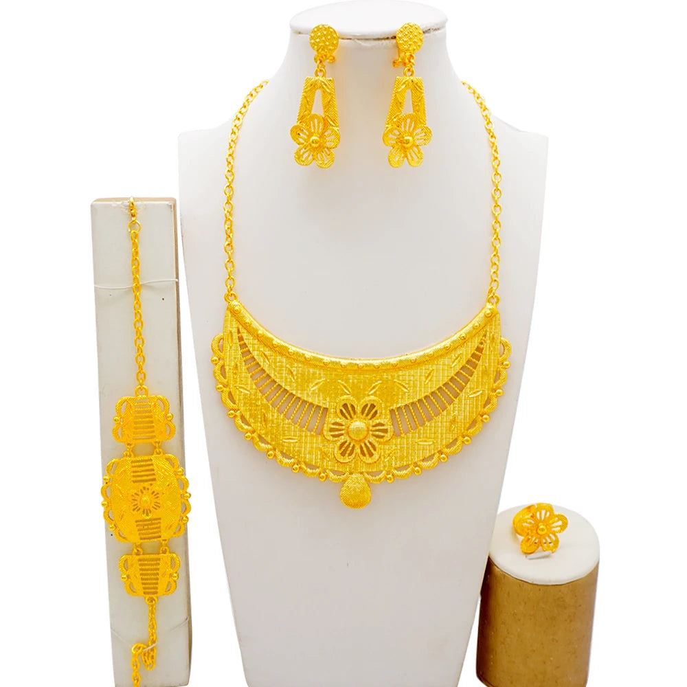 New African Jewelry Set Big Necklace Dubai Ethiopian Gold Color Jewelery Earring Bracelet For Women Bridal Choker Wholesale
