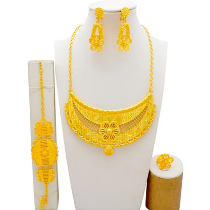 New African Jewelry Set Big Necklace Dubai Ethiopian Gold Color Jewelery Earring Bracelet For Women Bridal Choker Wholesale