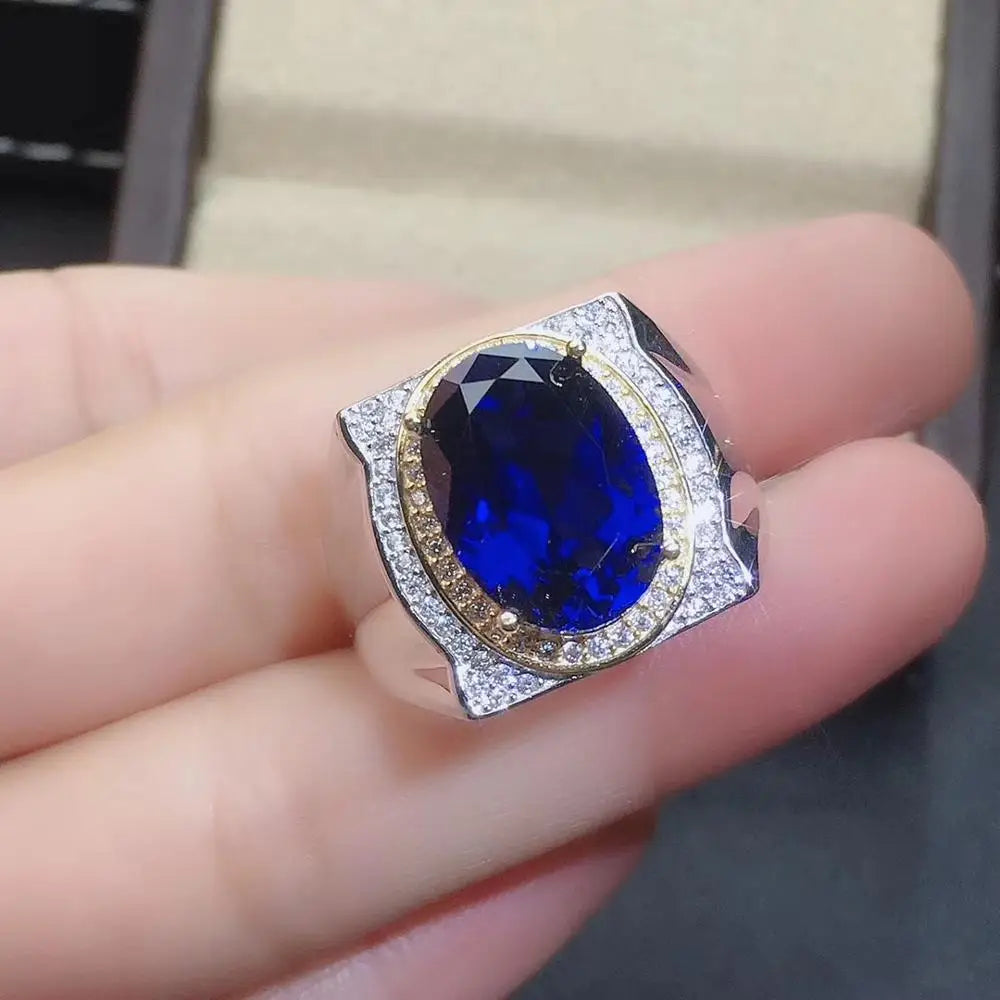 exquisite royal blue sapphire gemstone ring for men ring big gem good cut 925 sterling silver birthday gift big size 10x14mm