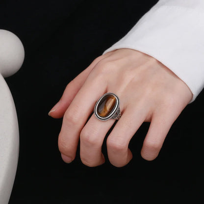 S925 Silver Retro Natural Labradorite Flower Rings Jewelry Silver Large Tiger Eye Engagement Wedding Gift for Women