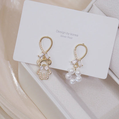 Cute Tiny Bear Asymmetry Pearl Crystal Earring for Women 14K Real Gold Micro Inlaid Zircon Stud Earrings Daily Jewelry Pendant