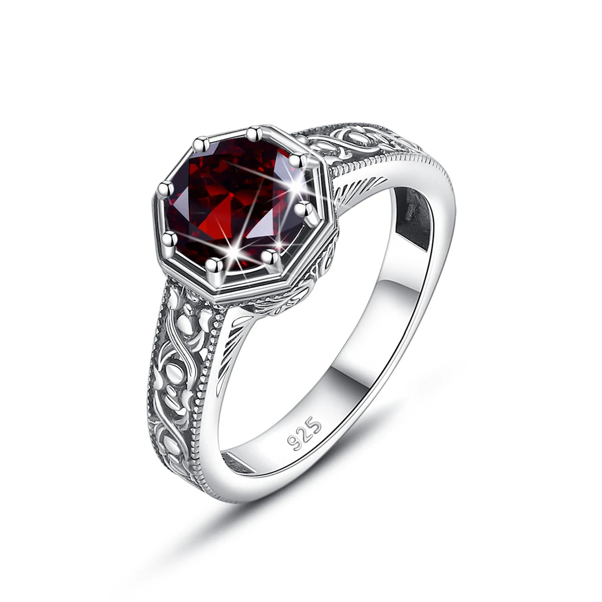 Real 925 Sterling Silver Birthstone Rings for Man Woman Fashion Octagon Emerald Garnet Crystal Argentum Gems Handmade Jewelry