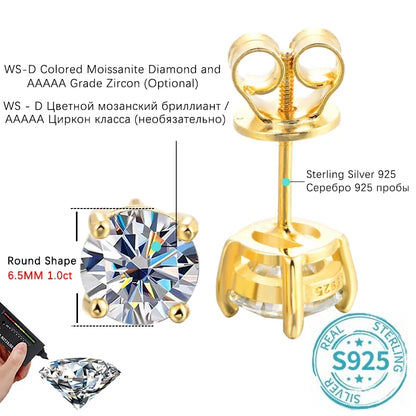 ALITREE 1ct D Color Moissanite Earrings 925 Sterling Sliver Plated Gold Diamond Ear Studs with GRA Certificate for Women Jewelry