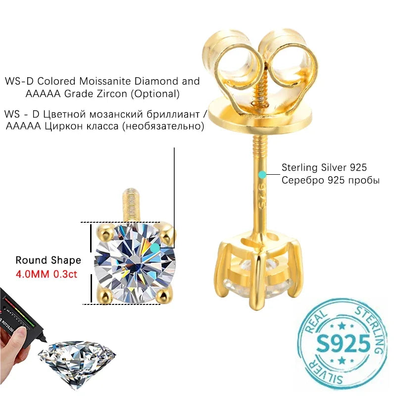 ALITREE 1ct D Color Moissanite Earrings 925 Sterling Sliver Plated Gold Diamond Ear Studs with GRA Certificate for Women Jewelry
