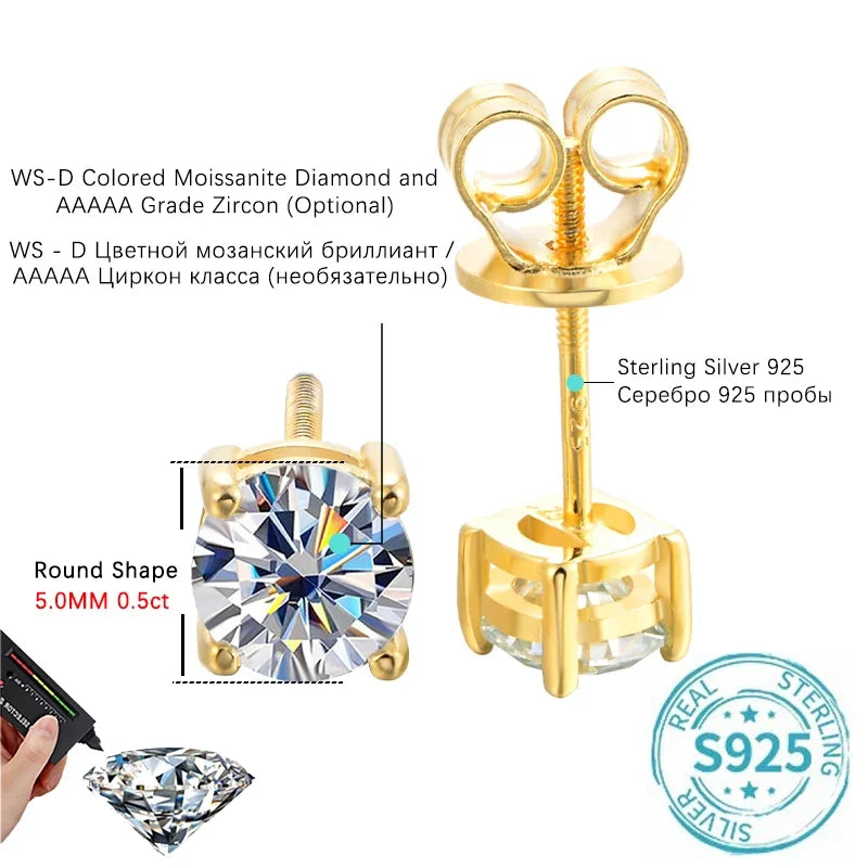 ALITREE 1ct D Color Moissanite Earrings 925 Sterling Sliver Plated Gold Diamond Ear Studs with GRA Certificate for Women Jewelry
